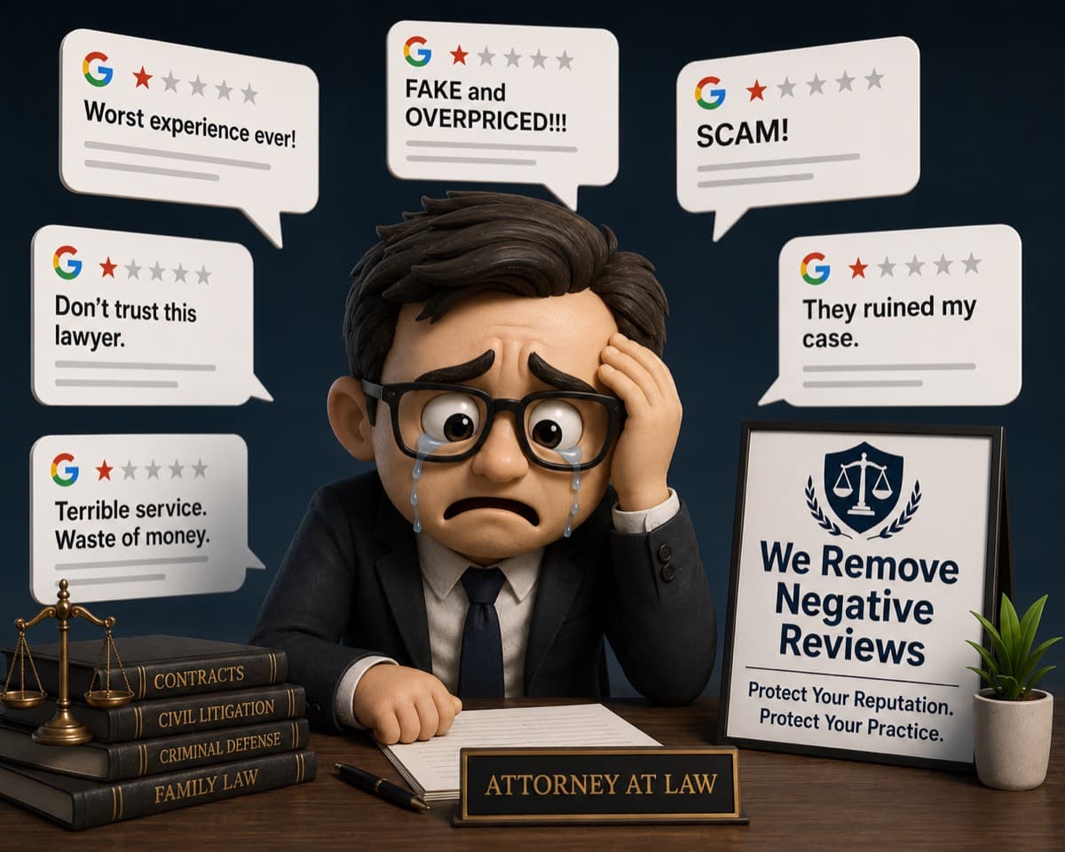 An attorney stressed as negative Google reviews damage their law firm's reputation
